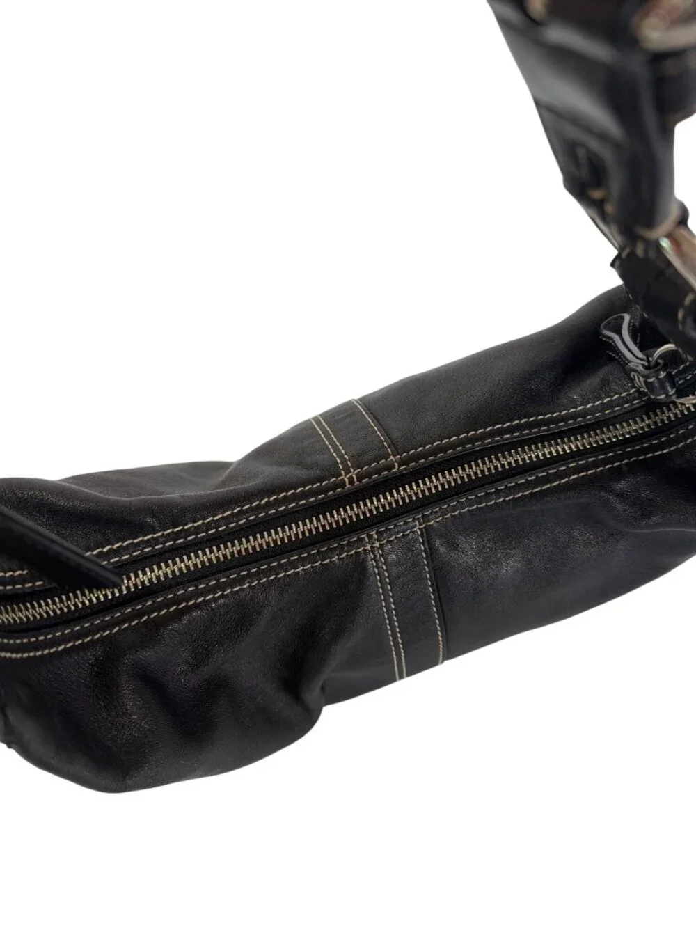 Coach Vintage Y2K Black Leather Soho Hobo Crescent Bag With White Contrast Stitc